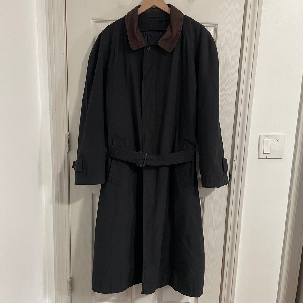 Bill Blass Trench Coat Mens 46R Black Collar Removable Liner Vintage Old Money